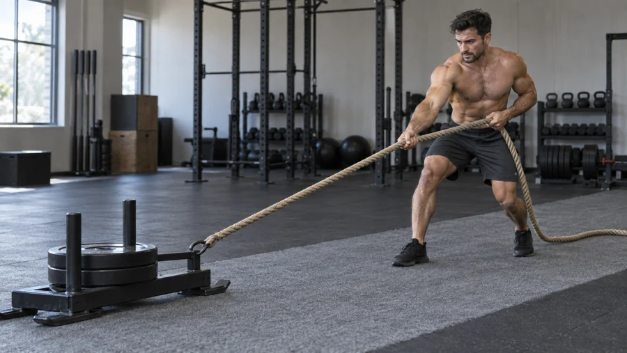 A shirtless athlete in gray shorts pulls a weighted sled with a rope.