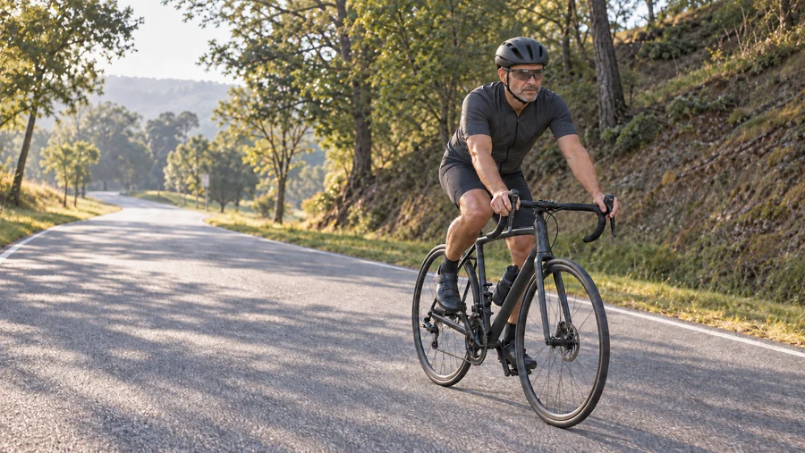 A cyclist looks forward along his bike, wearing a charcoal racing helmet and sports sunglasses.