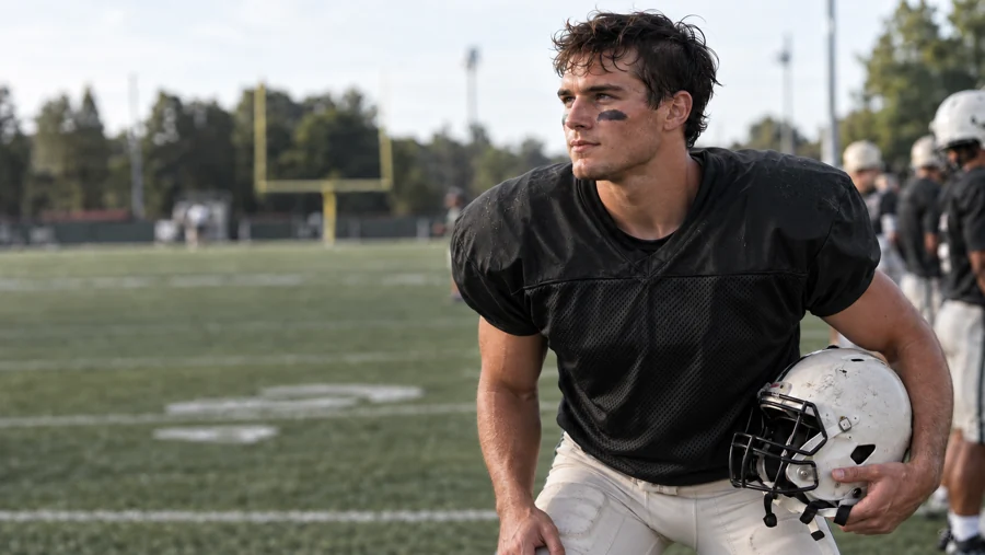 A college-age football player in a plain black jersey takes a ready stance with a helmet under his arm.