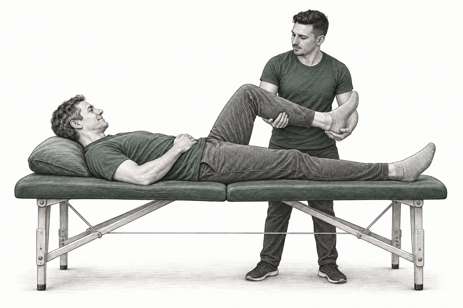 Illustration of Chris supporting a clothed client's bent leg on a treatment table as they pause for feedback.