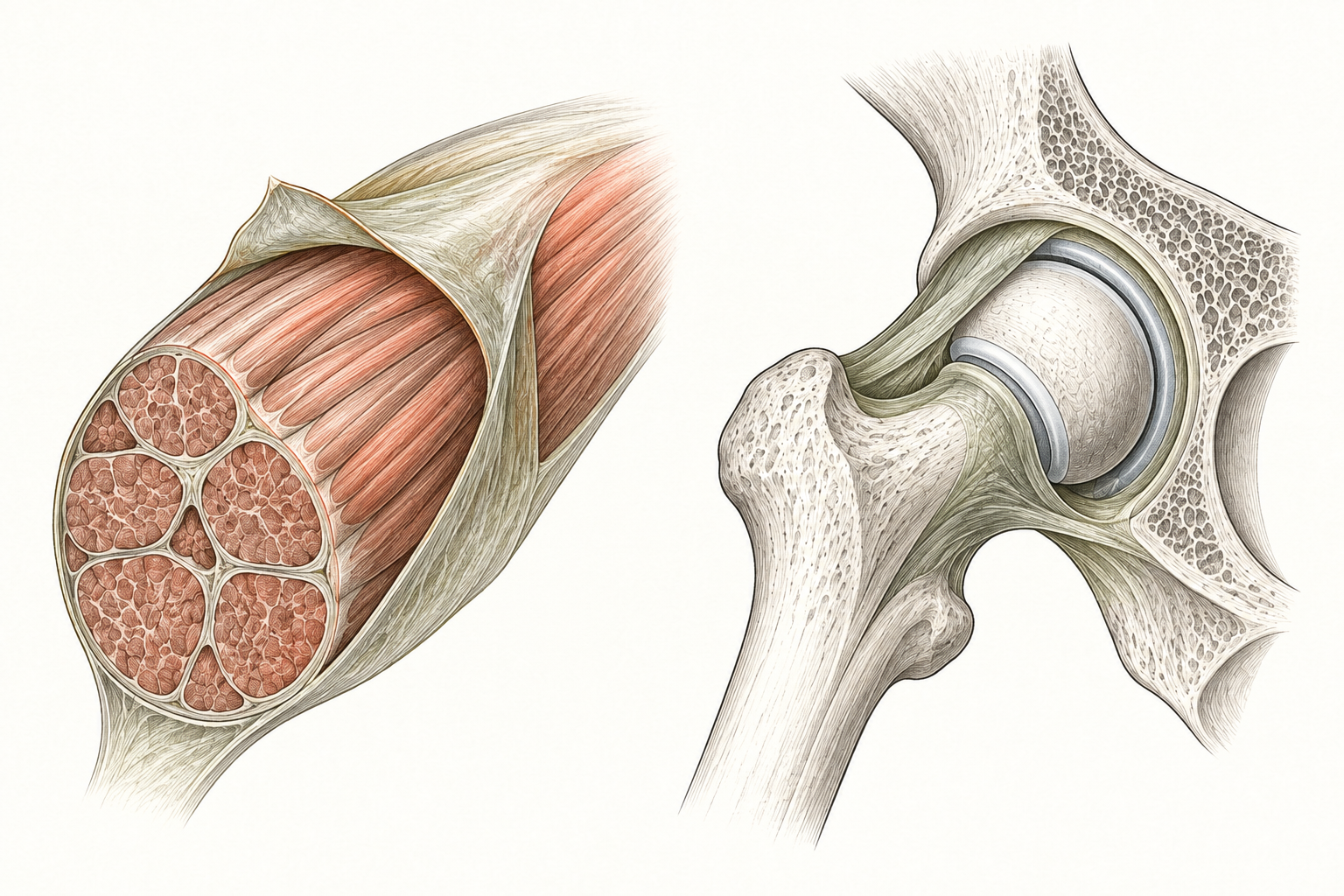 Simplified cutaways: 1 marks the muscle fibres, 2 marks fascia wrapping the muscle, and 3 marks the capsule around the hip joint.