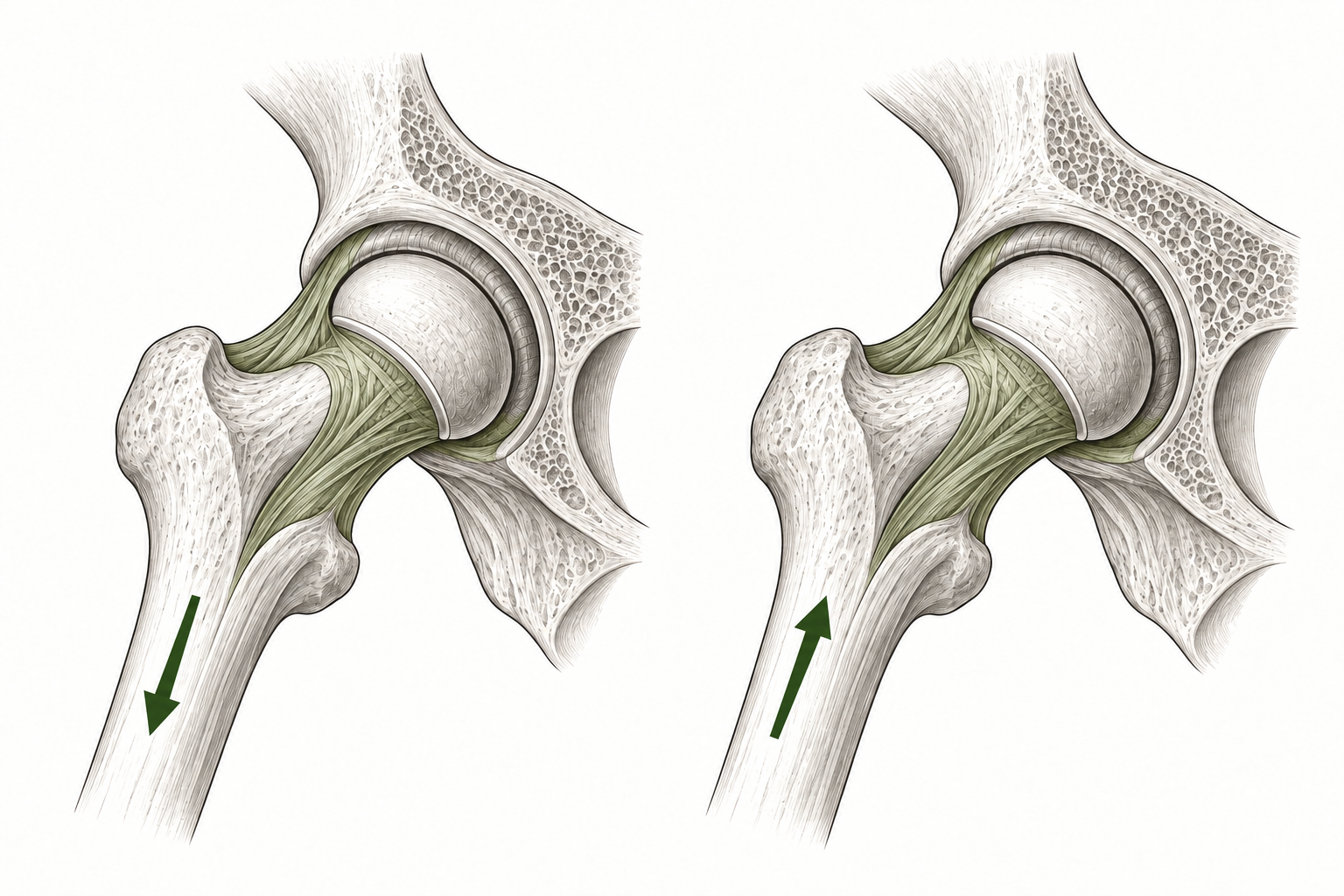 Two simplified views of a hip joint, with the capsule shaded olive. The left arrow points away from the socket for traction; the right arrow points toward it for compression.