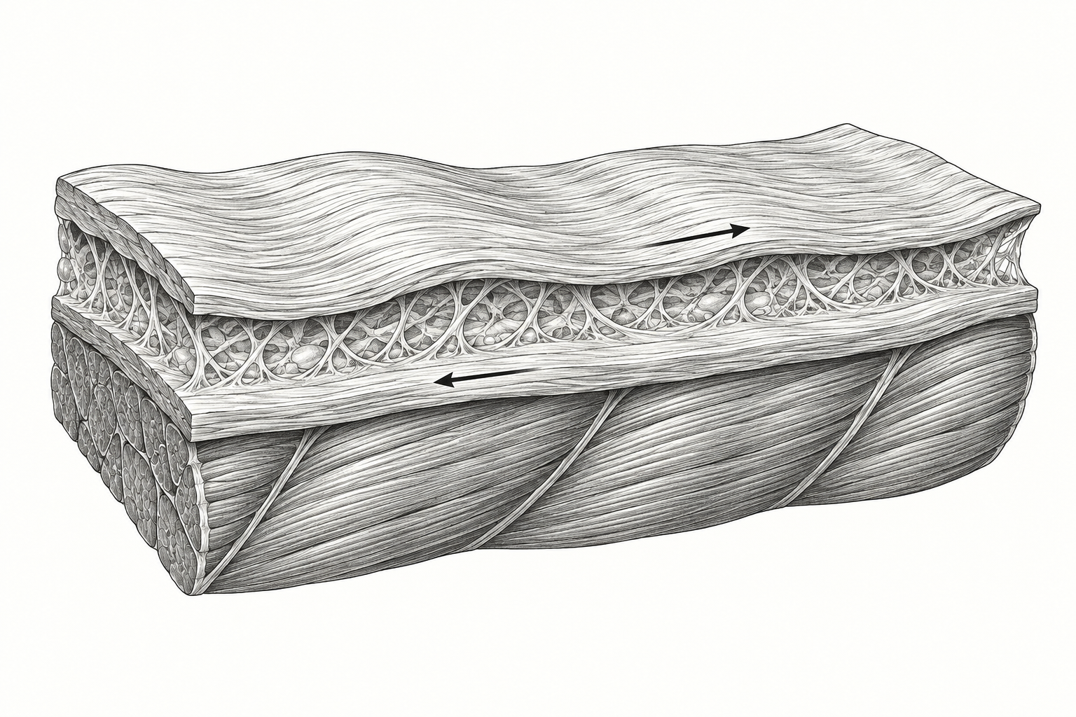 Illustration of connected tissue layers sliding in different directions above muscle.