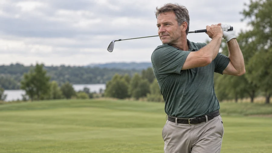 A golfer holds his finish after a swing.