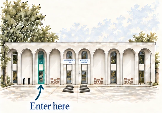 Front of the clinic building. An arrow marks the entrance in the third arch from the left. Free parking is available in front.