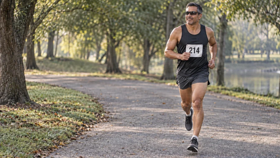 A runner in racing kit, bib 214, and sports sunglasses runs along a path.