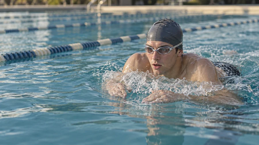 A collegiate-age male swimmer rises for a breaststroke breath in a pool lane.
