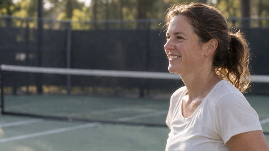 A tennis player smiles after a rally, with her racket visible.
